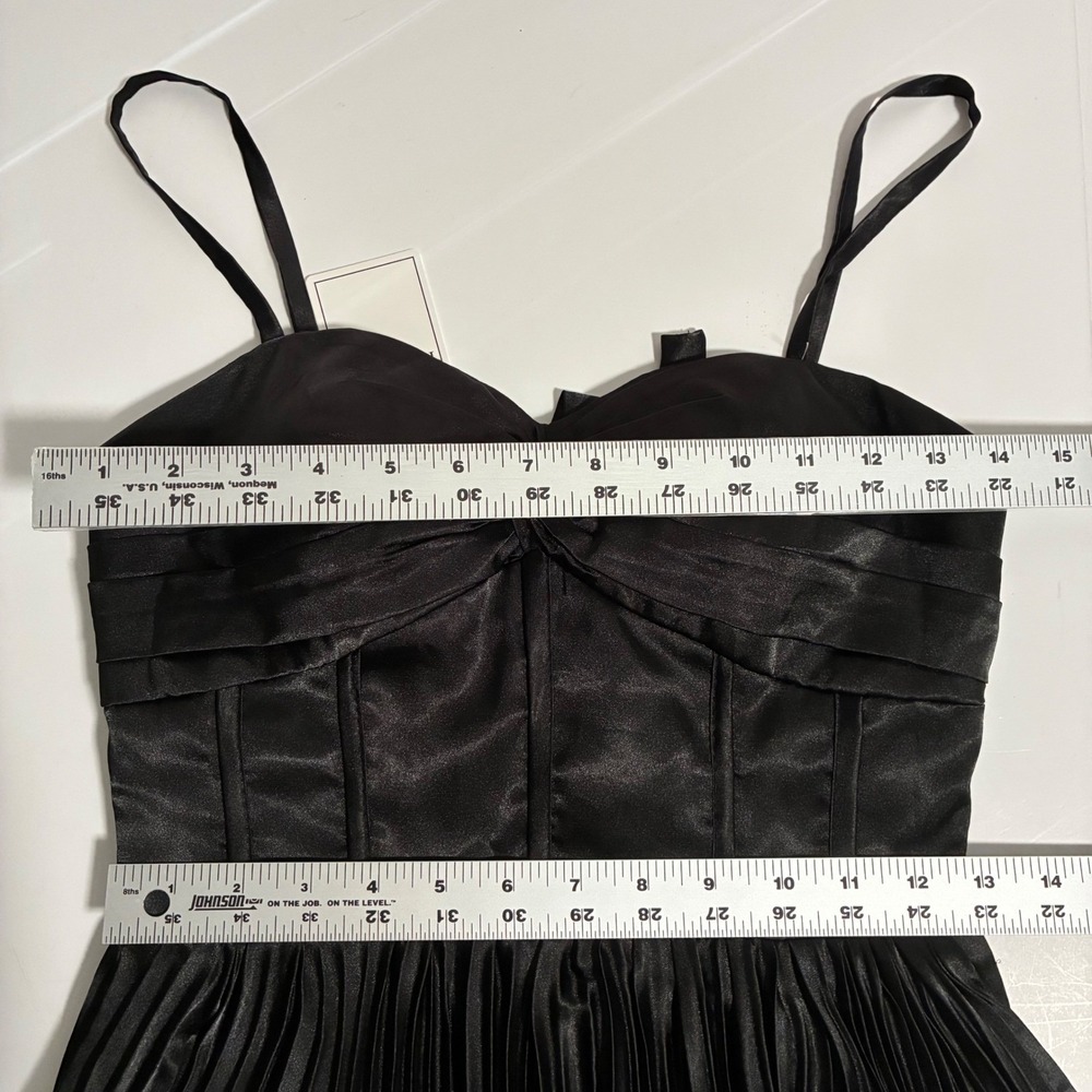Black Satin Corset Gown Pleated Skirt Spaghetti Strap Lace Up Back Formal prom - Picture 6 of 9